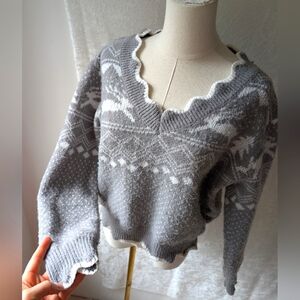 Deer Tree Scalloped Neck V Neck Thick Polyester Sweater Vintage Style Design